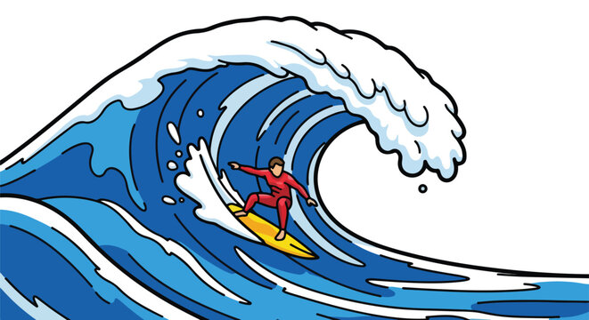 Stylized depiction of a surfer riding a large ocean wave illustration with bright colors and clear outlines creating a dynamic scene