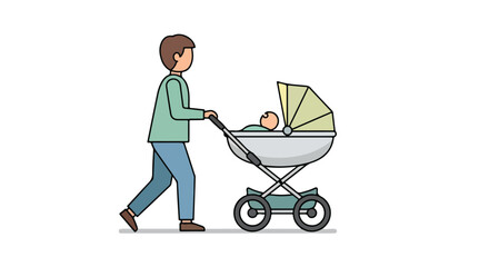 Man pushing baby stroller vector illustration showcasing fatherhood and early childhood parent care with simplified design and pastel colors