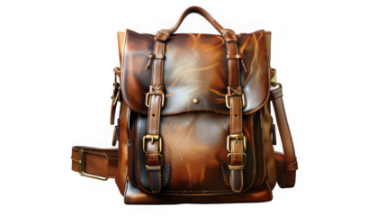 A detailed view of a brown leather satchel with straps and brass buckles on a black background