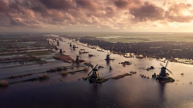 Dramatic aerial view of historic Dutch windmills in a watery polder landscape at golden hour, iconic Netherlands scenery