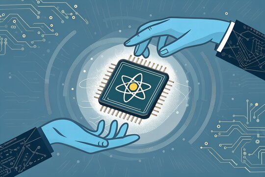 Human hands holding advanced ai chip featuring nuclear atom symbol powering future technology