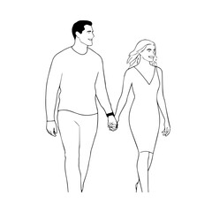 Black and White Vector Illustration of a Couple Man and Woman in Minimalistic Clean Line Art Style