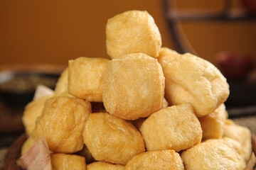 Golden Fried Tofu Cubes - Crispy Handmade Bean Curd Blocks Traditional Asian Food Ingredient