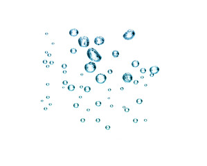 Close-up of blue bubbles underwater white background. Underwater oxygen design concept.