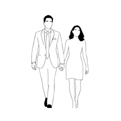 Black and White Vector Illustration of a Couple Man and Woman in Minimalistic Clean Line Art Style