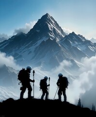 Fototapeta premium Mountaineers silhouetted against majestic mountain range.