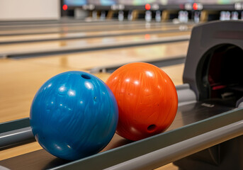 Close-up of orange and blue bowling balls on lane