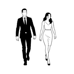 Black and White Vector Illustration of a Couple Man and Woman in Minimalistic Clean Line Art Style
