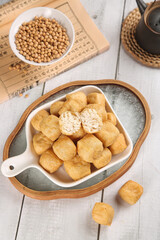 Golden Fried Tofu Cubes with Soybeans Traditional Asian Vegetarian Protein Food