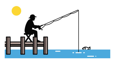 Angler's silhouette casting a line from a pier under a bright sun awaiting a nibble from an elusive fish deep below blue waters