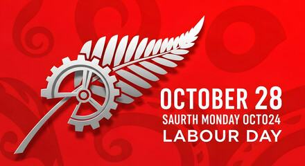 New zealand labour day october 28th with silver fern and gear symbol on red background
