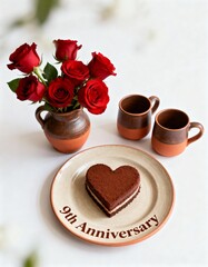 Red roses and heart shaped cake for 9th wedding anniversary celebration