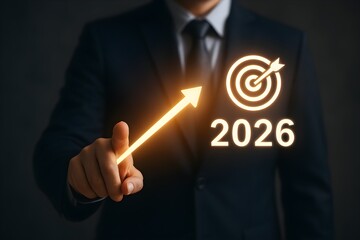 2026 strategic goals and business growth – glowing arrow and target icon representing future success and planning