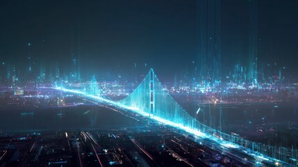 Futuristic city bridge at night