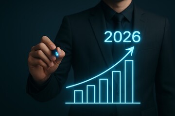 2026 business growth forecast – glowing bar chart with upward trend and digital performance analytics