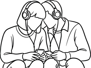 Couple sharing music together with headphones and smartphones outline art on transparent background