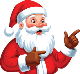 Cartoon Santa Claus, cheerful Christmas character, festive holiday mascot illustration, traditional red suit artwork, jolly Santa pointing design graphic element