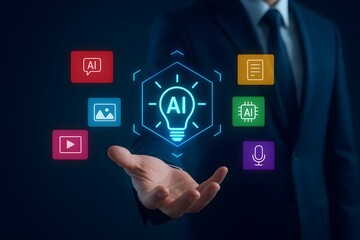 AI-driven multimedia tools and digital creativity – glowing interface with icons for text, image, video, audio, and smart interaction