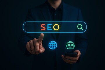 SEO strategy and digital visibility – glowing search interface with automation, global reach, and smart optimization tools