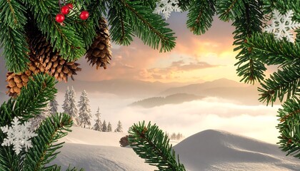 Snowy mountain sunrise framed by Christmas boughs