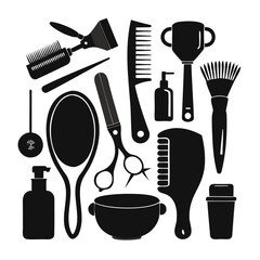Collection of black silhouette hairdressing and beauty salon tools