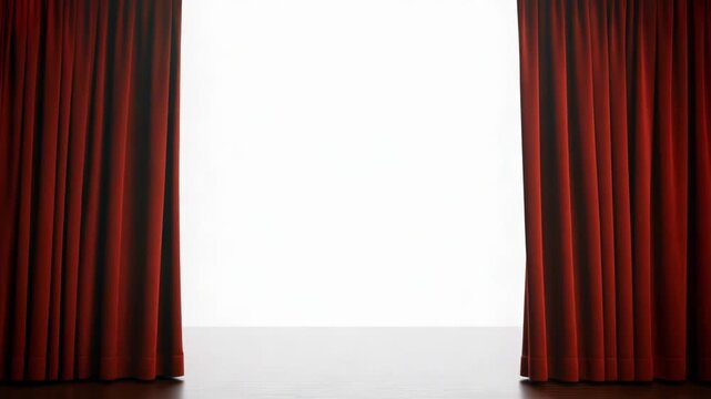 Red theater curtains parted, revealing a thin bright gap and a glimpse of the stage.