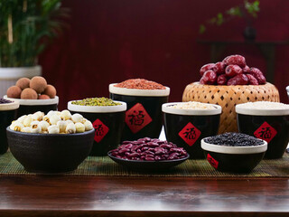 Traditional Chinese Laba Congee Ingredients Collection with Beans Grains and Red Dates for Healthy Porridge Cooking