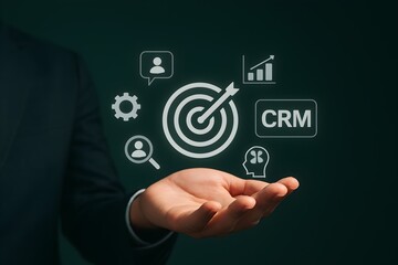 CRM strategy and business intelligence – glowing icons of customer targeting, analytics, and operational planning