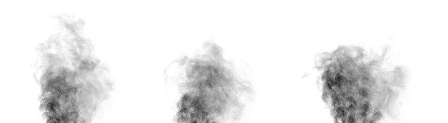 
Close-up photo of abstract black steam or smoke. Illustration shows different textures and densities of steam or black smoke, isolated on white background. 