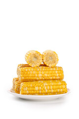 Fresh Sweet Corn Cobs on White Plate - Yunnan Glutinous Corn Stack Isolated on White Background