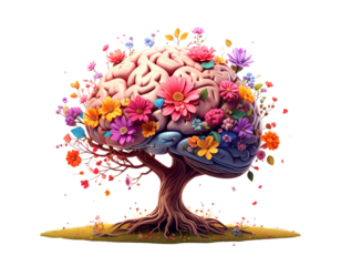 Blooming Brain Tree with Flowers for Mental Wellness