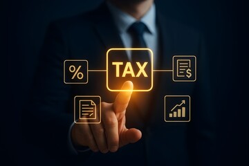 Digital tax interface and financial planning – glowing icons of percentage, documents, and growth chart in business context
