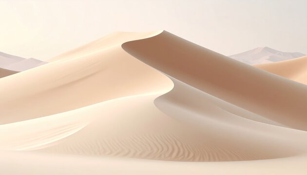 Gently curved sand dunes ripple under a soft, diffuse light in a minimalist rendering, creating a serene, abstract natural vista
