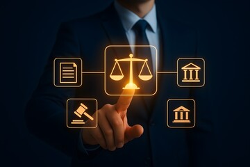 Digital justice and legal interface – glowing icons of law, governance, and courtroom technology in professional context