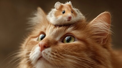 Ginger cat with hamster on head