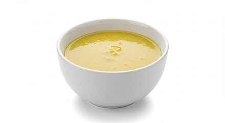 A bowl of creamy yellow corn soup on a white background.