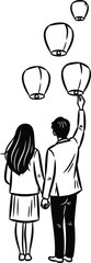 Couple releasing sky lanterns together in a romantic celebration scene on transparent background