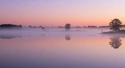 Obraz premium Serene misty lake at dawn with pastel sky and tranquil water reflection