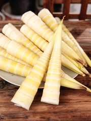 Freshly Dug Tianmu Mountain Bamboo Shoots Spring Harvest on Wooden Board