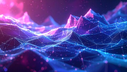 Abstract digital landscape features connected nodes and glowing lines, bathed in magenta and cyan light