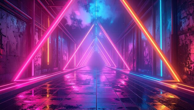 Neon hallway Glowing triangular portals, colorful lights on reflective floor in dark passage with textured walls. Clouds shine from the distance