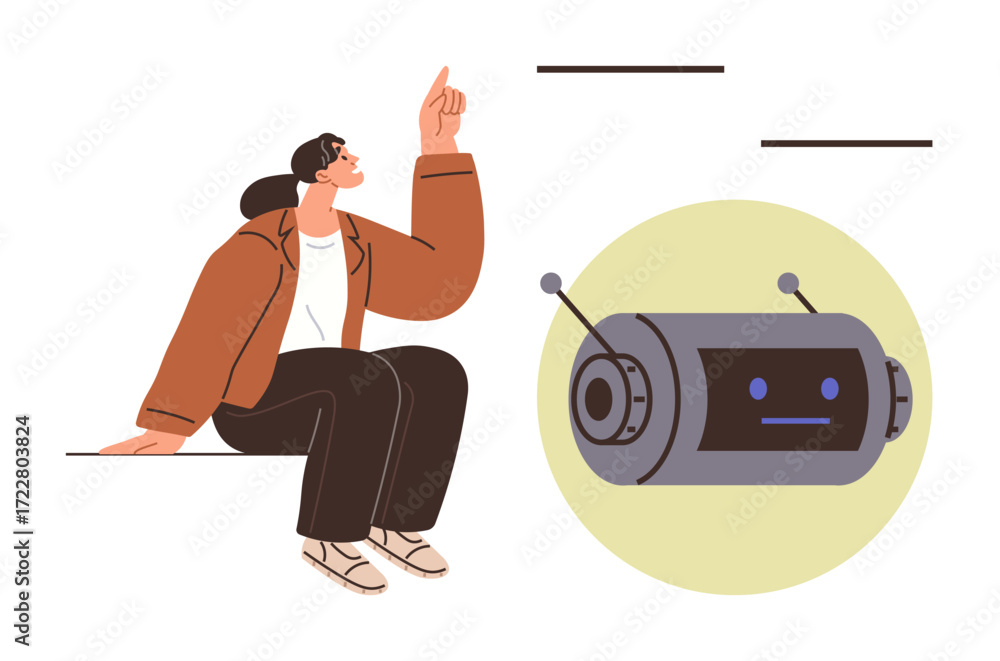 Poster woman seated in a relaxed pose points upward near a friendly robot in a circle. ideal for innovation