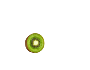 Close-up of a sliced kiwi, vibrant green with a pale yellow center, against a black background