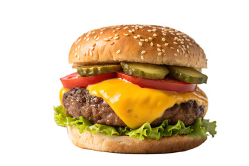 Juicy cheeseburger with fresh toppings on a sesame seed bun