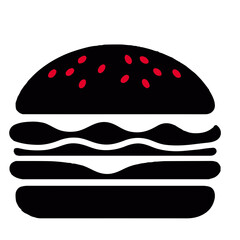 Illustration of a black burger with red seeds on top bun and wavy white filling on white background