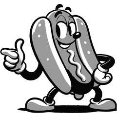 Cartoon style hot dog character with gloves and shoes giving a thumbs up on a white background
