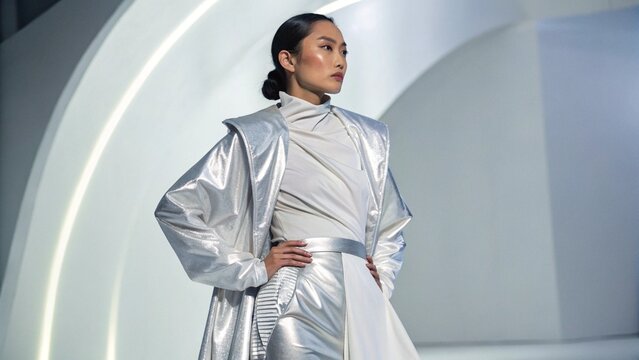 Asian Woman in Futuristic Fashion with White Silk and Silver Metallic Outfit for Modern Style Concept - Powered by Adobe