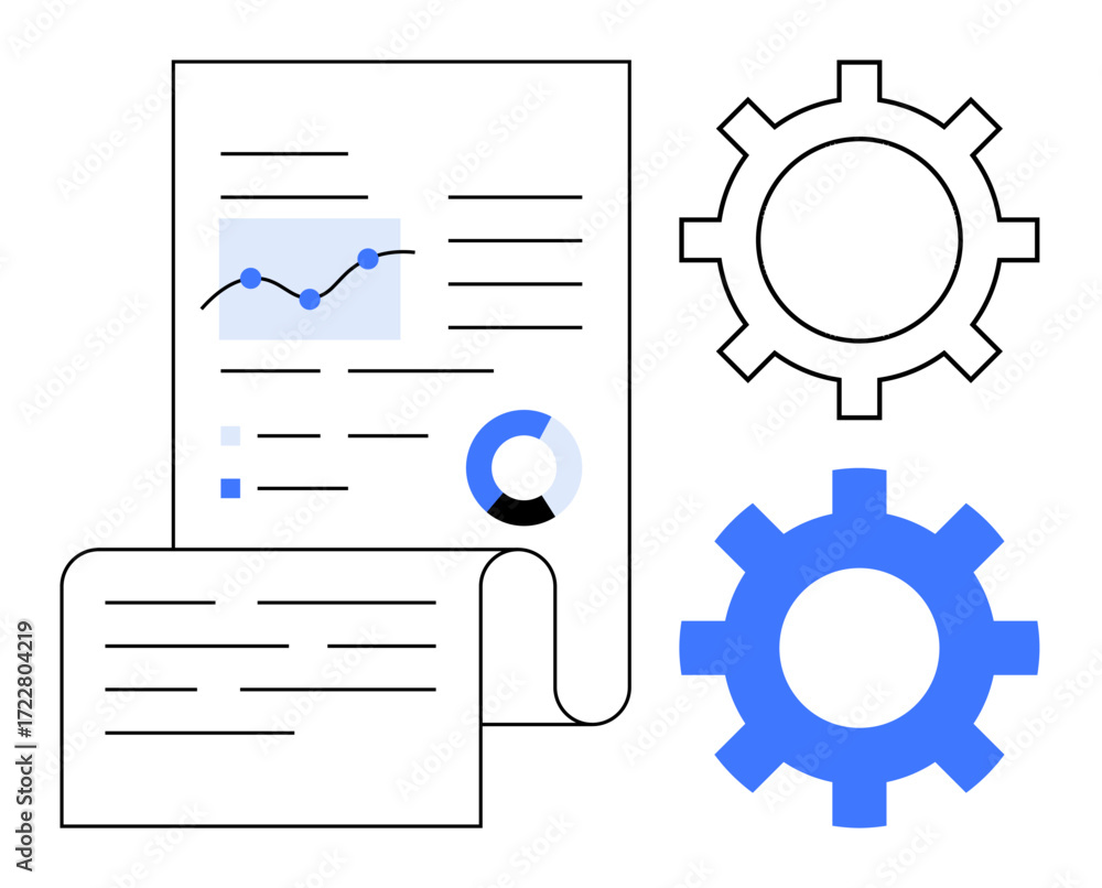 Poster data report featuring charts, graphs, and text, accompanied by gear icons. ideal for analytics, proc