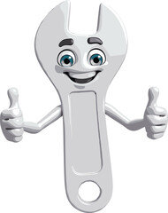 Cartoon wrench character, smiling tool mascot, friendly handyman illustration, anthropomorphic wrench design, educational tool artwork, playful construction graphic element
