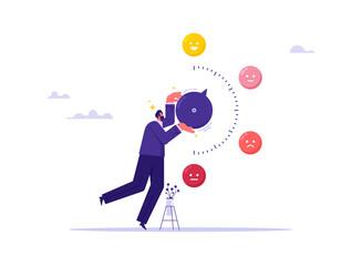 Control emotions concept, businessman turns switch on measurement scale in direction of good mood, positive thinking, scale for measuring stress and mood